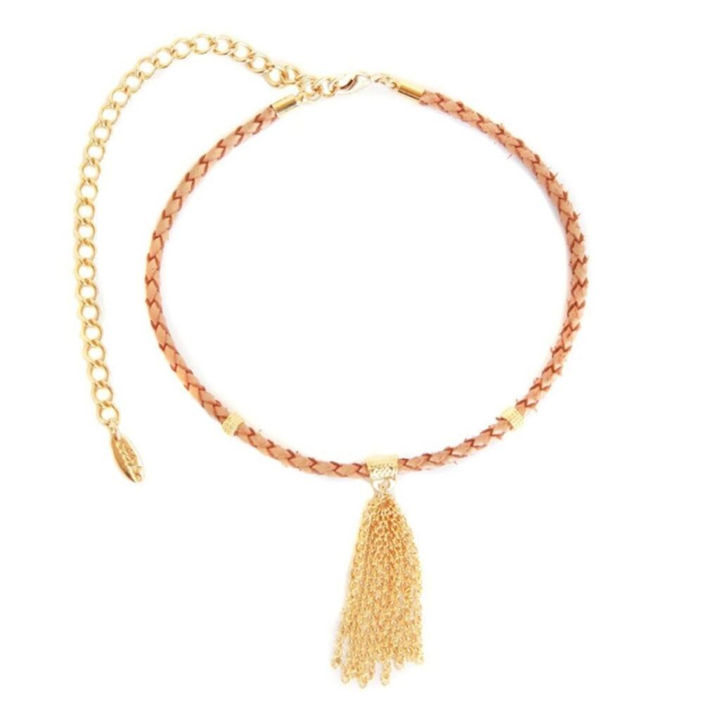 Ettika Mini Tartine Tan and Gold Tone Braided Leather Choker Necklace Festival